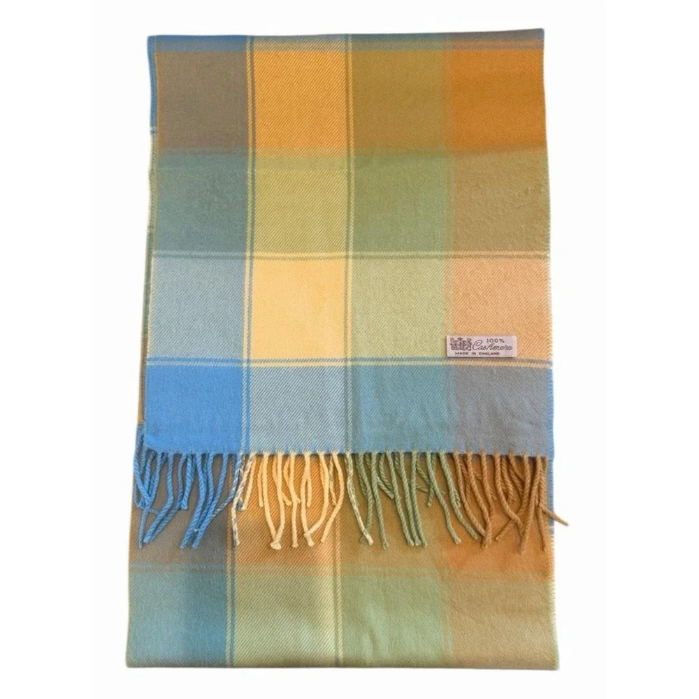 Vintage English Cashmere Scarf Plaid Pastel Blue Yellow Preppy Quiet Luxury